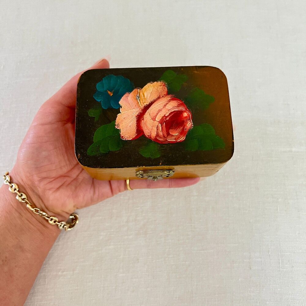 Vintage Small Hand-Painted Floral Wooden Trinket Box Fully Lined